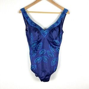 Vtg Maxine‎ of Hollywood Blue Swimsuit 16 One-Piece Retro Pointy Bra 50s Stylel